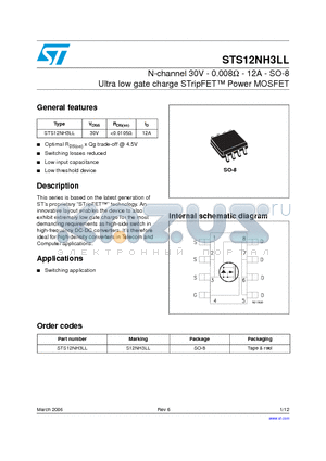 STS12NH3LL_06 datasheet - N-channel 30V - 0.008ohm - 12A - SO-8  Ultra low gate charge STripFET TM Power MOSFET