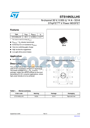 STS14N3LLH5 datasheet - N-channel 30 V, 0.005 Y, 14 A - SO-8 STripFET V Power MOSFET