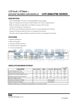 UVP-2788 datasheet - 1.85 inch ( 47.0mm ) 8X8 DOT MATRIX LED DISPLAY