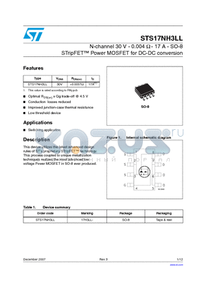 STS17NH3LL datasheet - N-channel 30 V - 0.004 Y - 17 A - SO-8 STripFET Power MOSFET for DC-DC conversion