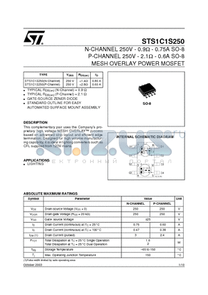 STS1C1S250 datasheet - N-CHANNEL 250V - 0.9Ohm - 0.75A SO-8 P-CHANNEL 250V - 2.1Ohm - 0.6A SO-8 MESH OVERLAY POWER MOSFET