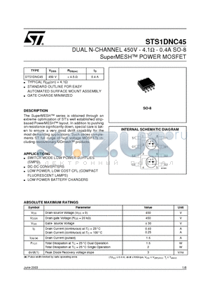 STS1DNC45 datasheet - DUAL N-CHANNEL 450V - 4.1ohm - 0.4A SO-8 SuperMESH POWER MOSFET
