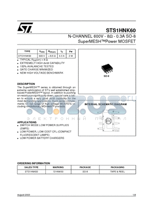 STS1HNK60 datasheet - N-CHANNEL 600V - 8W - 0.3A SO-8 SuperMESH-TMPower MOSFET