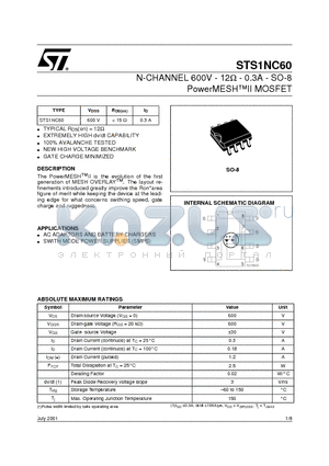 STS1NC60 datasheet - N-CHANNEL 600V - 12ohm - 0.3A - SO-8 PowerMESHII MOSFET