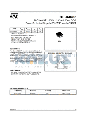 STS1NK60Z datasheet - N-CHANNEL 600V - 13W - 0.25A - SO-8 Zener-Protected SuperMESH Power MOSFET