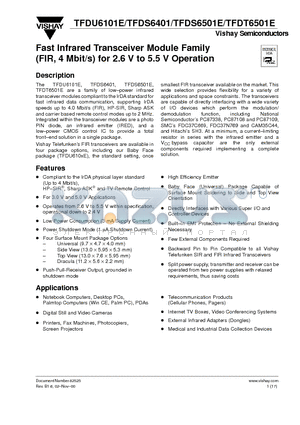 TFDS6501E-TR4 datasheet - Fast Infrared Transceiver Module Family (FIR, 4 Mbit/s) for 2.6 V to 5.5 V Operation