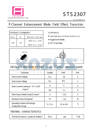 STS2307 datasheet - P-Channel E nhancement Mode Field Effect Transistor