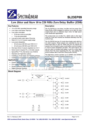 SL23EP09SC-1T datasheet - Low Jitter and Skew 10 to 220MHz Zero Delay Buffer (ZDB)