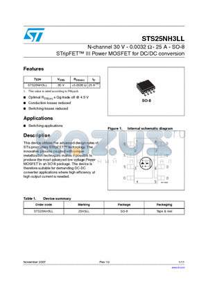 STS25NH3LL datasheet - N-channel 30V - 0.0032Y - 25 A - SO-8 STripFET III Power MOSFET for DC/DC conversion