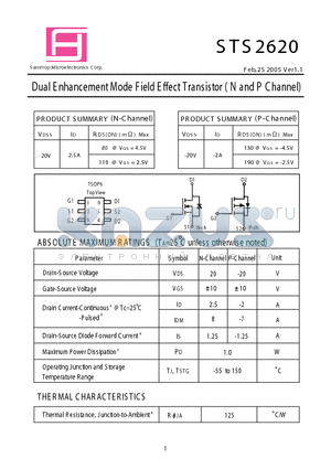 STS2620 datasheet - Dual E nhancement Mode Field E ffect Transistor (N and P Channel)