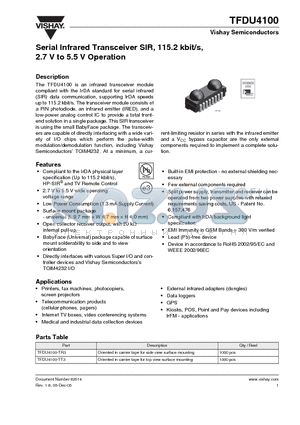 TFDU4100-TR3 datasheet - Serial Infrared Transceiver SIR, 115.2 kbit/s, 2.7 V to 5.5 V Operation