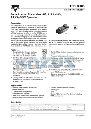 TFDU4100-TT3 datasheet - Serial Infrared Transceiver SIR, 115.2 kbit/s, 2.7 V to 5.5 V Operation