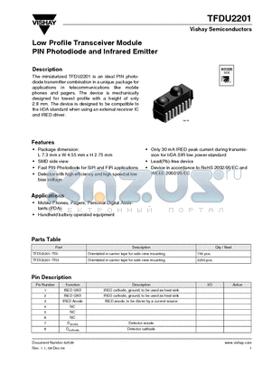 TFDU2201-TR1 datasheet - Low Profile Transceiver Module PIN Photodiode and Infrared Emitter