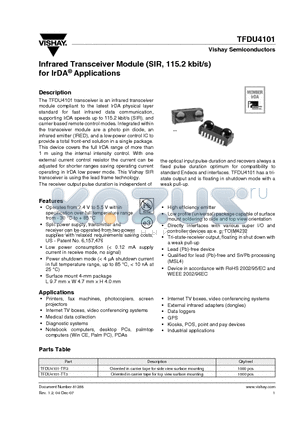 TFDU4101-TR3 datasheet - Infrared Transceiver Module (SIR, 115.2 kbit/s) for IrDA^ Applications