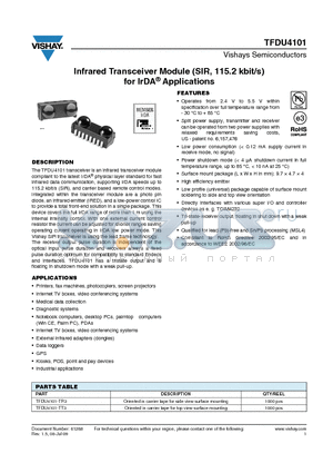 TFDU4101-TR3 datasheet - Infrared Transceiver Module (SIR, 115.2 kbit/s) for IrDA Applications