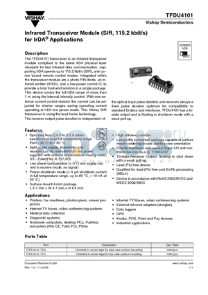 TFDU4101 datasheet - Infrared Transceiver Module (SIR, 115.2 kbit/s) for IrDA Applications