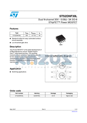 STS2DNF30L datasheet - Dual N-channel 30V - 0.09Y - 3A SO-8 STripFET Power MOSFET