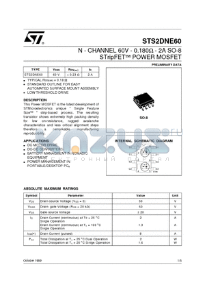 STS2DNE60 datasheet - N - CHANNEL 60V - 0.180ohm - 2A SO-8  STripFET  POWER MOSFET