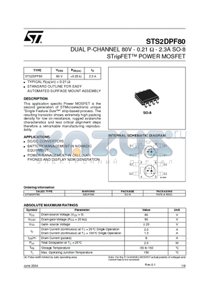 STS2DPF80 datasheet - DUAL P-CHANNEL 80V - 0.21 Ohm - 2.3A SO-8