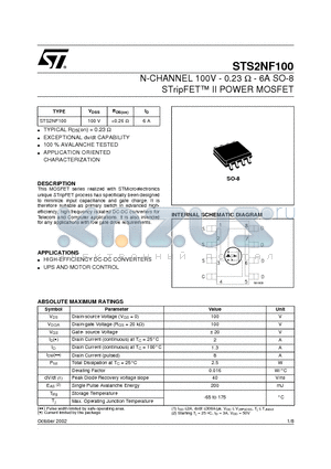 STS2NF100 datasheet - N-CHANNEL 100V - 0.23 ohm - 6A SO-8 STripFET II POWER MOSFET