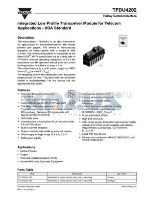 TFDU4202-TR3 datasheet - Integrated Low Profile Transceiver Module for Telecom Applications - IrDA Standard