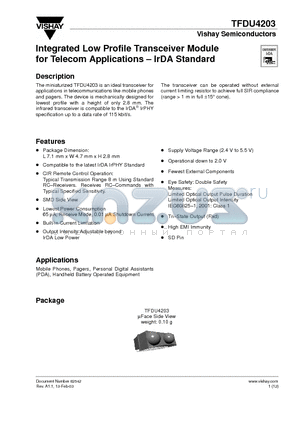 TFDU4203 datasheet - Integrated Low Profile Transceiver Module for Telecom Applications - IrDA Standard