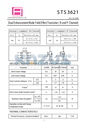 STS3621 datasheet - Dual E nhancement Mode F ield E ffect Transistor ( N and P Channel)