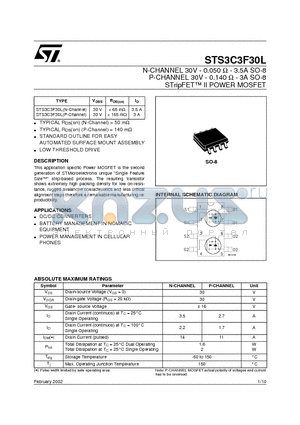 STS3C3F30L datasheet - N-CHANNEL 30V - 0.050 ohm - 3.5A SO-8 P-CHANNEL 30V - 0.140 ohm - 3A SO-8 STripFET II POWER MOSFET