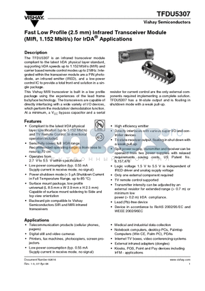 TFDU5307-TR1 datasheet - Fast Low Profile (2.5 mm) Infrared Transceiver Module(MIR, 1.152 Mbit/s) for IrDA Applications