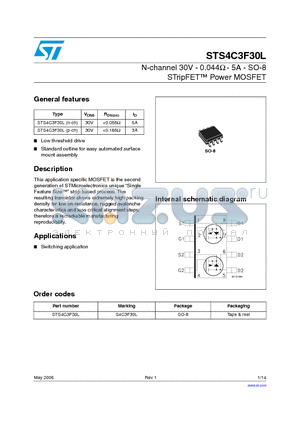 STS4C3F30L datasheet - N-channel 30V - 0.044Y - 5A - SO-8 STripFET Power MOSFET