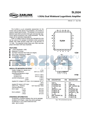 SL2524 datasheet - 1.3GHz Dual Wideband Logarithmic Amplifier