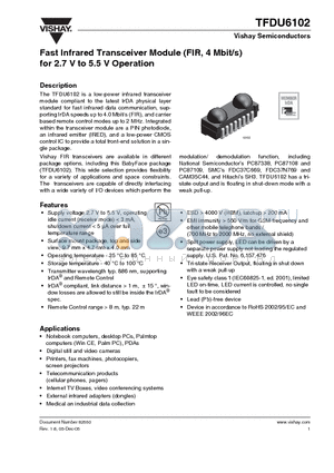 TFDU6102-TR3 datasheet - Fast Infrared Transceiver Module (FIR, 4 Mbit/s) for 2.7 V to 5.5 V Operation