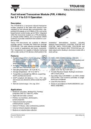 TFDU6102_05 datasheet - Fast Infrared Transceiver Module (FIR, 4 Mbit/s) for 2.7 V to 5.5 V Operation