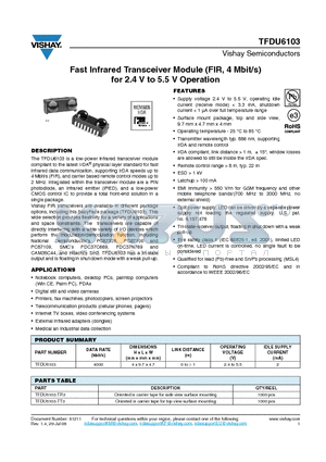 TFDU6103-TR3 datasheet - Fast Infrared Transceiver Module (FIR, 4 Mbit/s) for 2.4 V to 5.5 V Operation