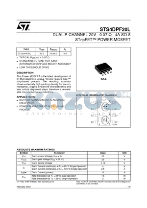 STS4DPF20L datasheet - DUAL P-CHANNEL 20V - 0.07 ohm - 4A SO-8 STripFET POWER MOSFET