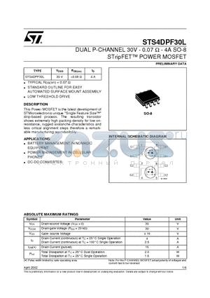 STS4DPF30L datasheet - DUAL P-CHANNEL 30V - 0.07 ohm - 4A SO-8 STripFET POWER MOSFET