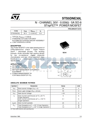 STS5DNE30L datasheet - N - CHANNEL 30V - 0.039ohm - 5A SO-8 STripFETO POWER MOSFET