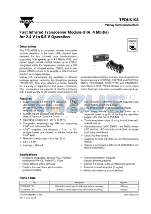 TFDU6103-TR3 datasheet - Fast Infrared Transceiver Module (FIR, 4 Mbit/s) for 2.4 V to 5.5 V Operation