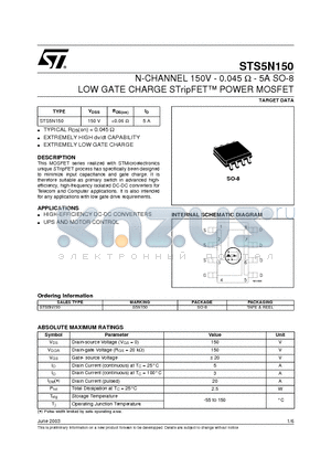 STS5N150 datasheet - N-CHANNEL 150V - 0.045 OHM - 5A SO-8 LOW GATE CHARGE STripFET POWER MOSFET