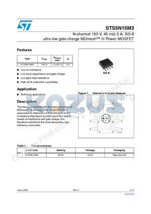 STS5N15M3 datasheet - N-channel 150 V, 45 mY, 5 A, SO-8 ultra low gate charge MDmesh III Power MOSFET