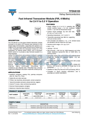 TFDU6103_09 datasheet - Fast Infrared Transceiver Module (FIR, 4 Mbit/s) for 2.4 V to 5.5 V Operation