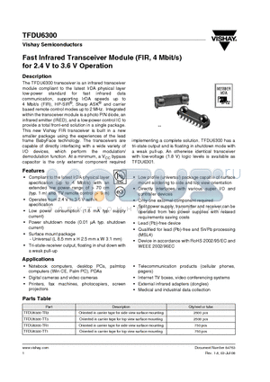 TFDU6300-TT1 datasheet - Fast Infrared Transceiver Module (FIR, 4 Mbit/s) for 2.4 V to 3.6 V Operation