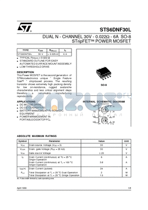 STS6DNF30L datasheet - DUAL N - CHANNEL 30V - 0.022ohm - 6A SO-8 STripFET  POWER MOSFET