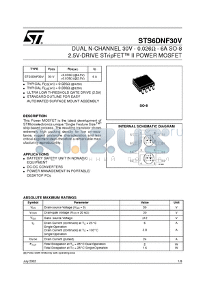 STS6DNF30V datasheet - DUAL N-CHANNEL 30V - 0.026ohm - 6A SO-8 2.5V-DRIVE STripFET II POWER MOSFET