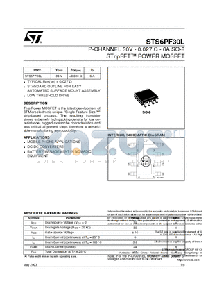 STS6PF30L datasheet - P-CHANNEL 30V - 0.027 ohm - 6A SO-8 STripFET POWER MOSFET