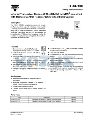 TFDU7100-TR3 datasheet - Infrared Transceiver Module (FIR, 4 Mbit/s) for IrDA combined with Remote Control Receiver (36 kHz to 38 kHz Carrier)