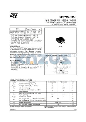 STS7C4F30L datasheet - N-CHANNEL 30V - 0.018 ohm - 7A SO-8 P-CHANNEL 30V - 0.070 ohm - 4A SO-8 STripFET POWER MOSFET