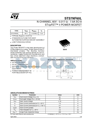 STS7NF60L datasheet - N-CHANNEL 60V - 0.017 ohm - 7.5A SO-8 STripFET II POWER MOSFET
