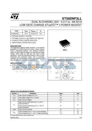 STS8DNF3LL datasheet - DUAL N-CHANNEL 30V - 0.017 ohm - 8A SO-8 LOW GATE CHARGE STripFET II POWER MOSFET