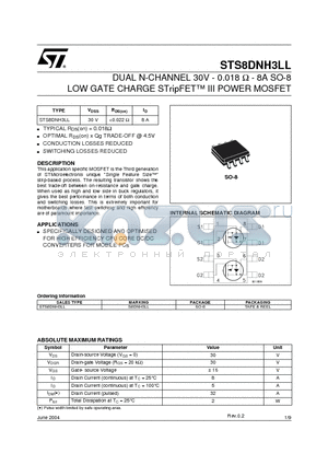 STS8DNH3LL datasheet - DUAL N-CHANNEL 30V - 0.018 OHM - 8A SO-8 LOW GATE CHARGE STripFET III POWER MOSFET